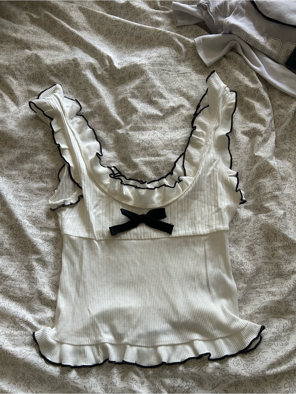 Kimchi Blue White Ribbed Ruffle Tank with Black Trim and Bow
